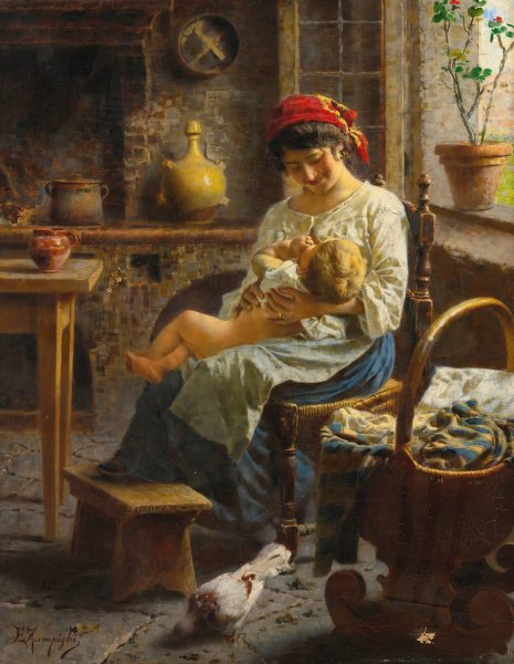 The happy mother by Eugenio Zampighi - Hand-Painted Oil Painting Reproduction