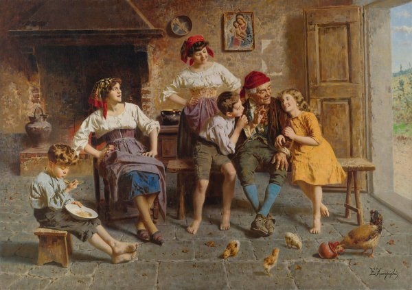 Visiting Grandfather by Eugenio Zampighi - Hand-Painted Oil Painting Reproduction