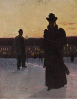 Street scene at dusk by Eugeniusz Ludwik Dabrowa-Dabrowski Oil Painting