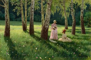 Two women in a grove by Eugeniusz Wrzeszcz Oil Painting