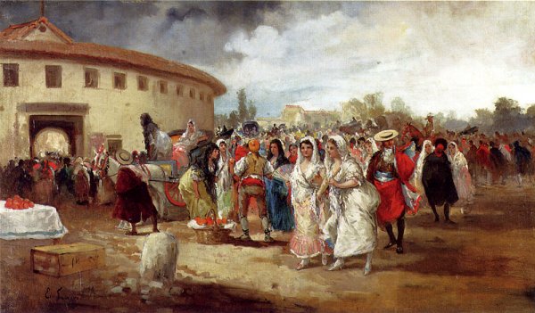 Main Product Photo of A Rainy Day On The Plaza de Toros Painting by Eugeno Lucas y Villamil