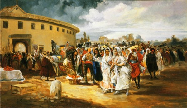 Main Product Photo of Entering the Bull Ring in Sunshine Painting by Eugeno Lucas y Villamil