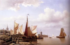 A River Estuary With Moored Fishing Pinks And Townsfolk On The Quay