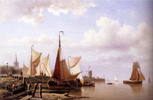 A River Estuary With Moored Fishing Pinks And Townsfolk On The Quay