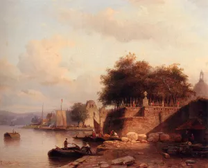 Numerous Townsfolk On A Quay Of A Town Along The Rhine Oil painting by Everhardus Koster
