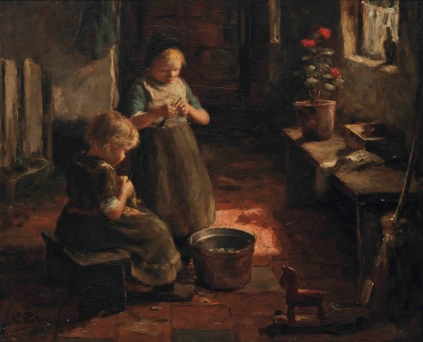 Main Product Photo of Peeling potatoes  Painting by Evert Pieters