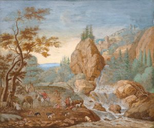 Mountain Landscape with a Hunting Party in the Foreground by F.C. Van Bracht Oil Painting