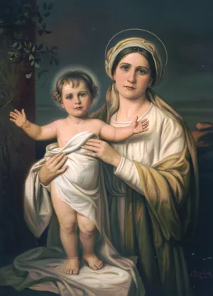 Virgin Mary Holding Baby Jesus by F. Doubek Oil Painting