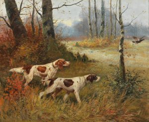 Two Pointing Dogs by F. E. Martinez Oil Painting