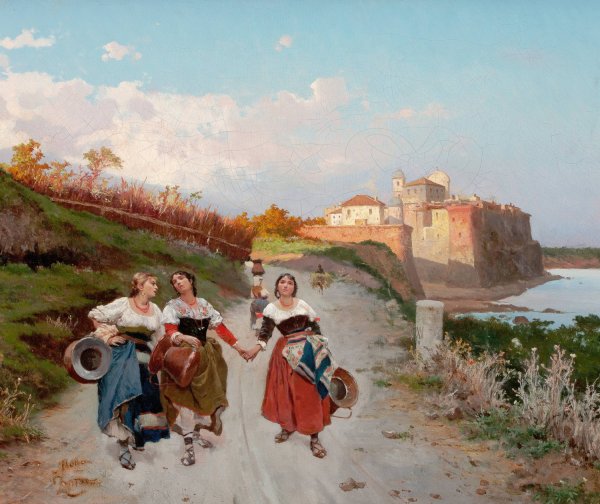 Women on a Country Road by Fabio Cipolla - Hand-Painted Oil Painting Reproduction