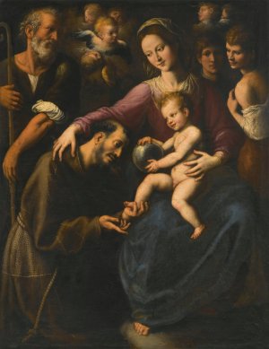 The Holy Family With Saint Francis Of Assisi Adoring The Christ Child, With Two Youths And Angels Above by Fabrizio Santafede Oil Painting