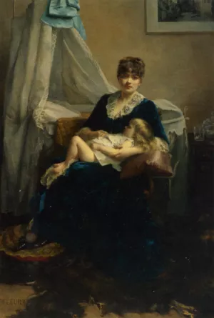 A Mother and Her Sleeping Child by Fanny Fleury Oil Painting