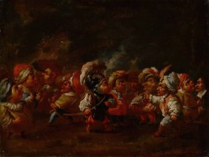 A group of costumed dwarfs in conversation and preparing for a battle by Faustino Bocchi Oil Painting