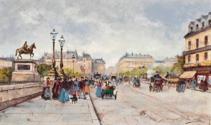 A busy day on the Pont Neuf, Paris by Fausto Giusto Oil Painting