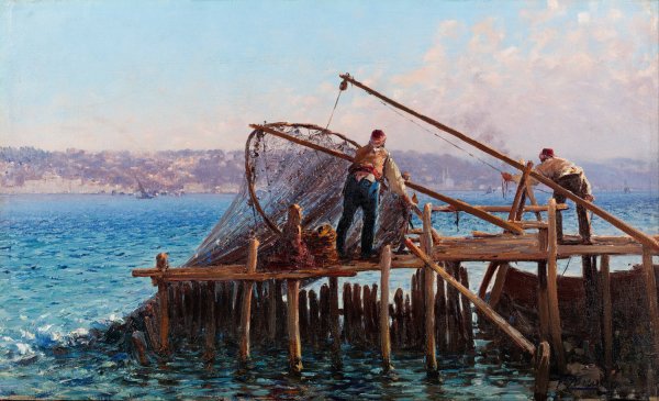 Main Product Photo of Fishermen Bringing in the Catch Painting by Fausto Zonaro