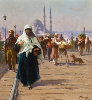 On The Galata Bridge, Constantinople by Fausto Zonaro Oil Painting