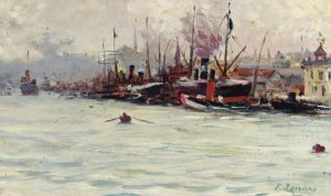 Port Of Galata, Istanbul by Fausto Zonaro Oil Painting