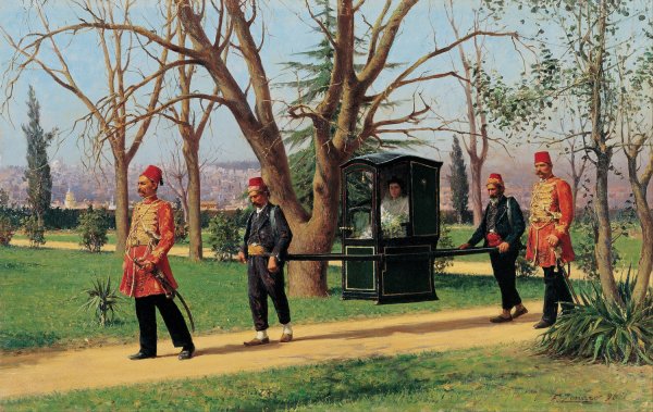 Main Product Photo of The Daughter of the English Ambassador Riding in a Palanquin Painting by Fausto Zonaro
