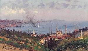 View of Nisantasi with the Dolmabahce Mosque, Constantinople by Fausto Zonaro Oil Painting