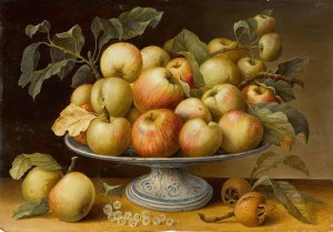 Still life with apples on a majolica tazza, together with medlars and white currants by Fede Galizia Oil Painting