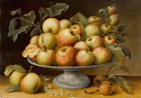 Still life with apples on a majolica tazza, together with medlars and white currants by Fede Galizia - Hand-Painted Oil Painting Reproduction
