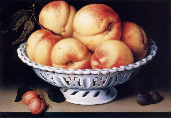 White Ceramic Bowl with Peaches and Red and Blue Plums by Fede Galizia - Hand-Painted Oil Painting Reproduction