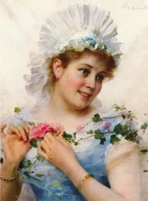 A Young Girl With Roses by Federico Andreotti - Oil Painting Reproduction