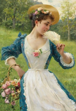 Young Beauty With A Basket Of Roses by Federico Andreotti Oil Painting