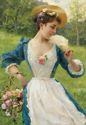 Young Beauty With A Basket Of Roses by Federico Andreotti Oil Painting