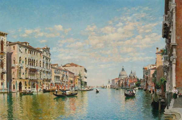 Gondoliers On The Grand Canal, Venice  by Federico Del Campo - Hand-Painted Oil Painting Reproduction
