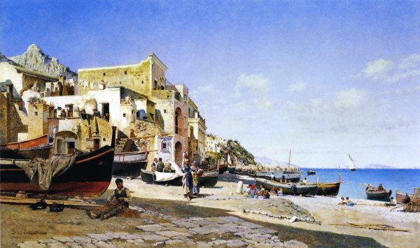 The Harbour, Capri by Federico Del Campo - Hand-Painted Oil Painting Reproduction