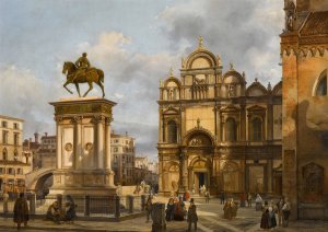 Venice, a View of the Campo Santi Giovanni e Paolo, with the Equestrian Monument to Bartolomeo Colleoni and the Scuola Grande di San Marco in the Background by Federico Moja Oil Painting