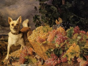 A Dog by a Basket of Grapes in a Landscape by Ferdinand Georg Waldmueller Oil Painting