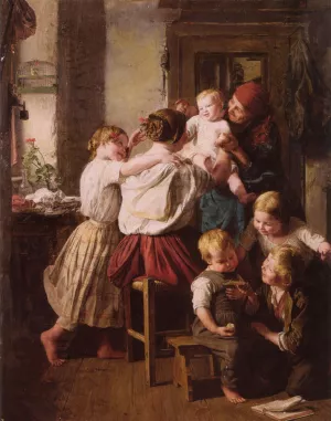 Children Making Their Grandmother a Present on Her Name Day by Ferdinand Georg Waldmueller - Oil Painting Reproduction
