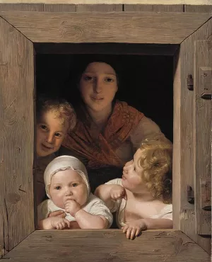 Young Peasant Woman with Three Children at the Window by Ferdinand Georg Waldmueller - Oil Painting Reproduction
