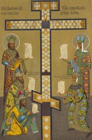 Izobrazhenie kresta s predstoiashchimi; Sv. tsarem Konstantinom, Sv. tsaritseiu Elenoiu, tsarem Alekseem Mikhailovichem, tsaritseiu Marieiu Il'inichnoiu i patriarkhom Nikonom by Fedor Grigoryevich Solntsev Oil Painting