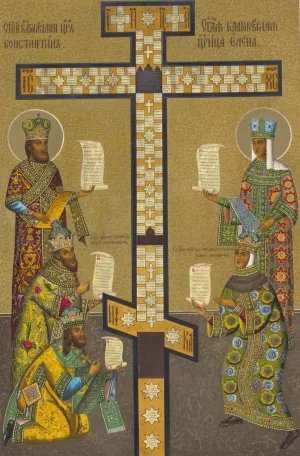 Izobrazhenie kresta s predstoiashchimi; Sv. tsarem Konstantinom, Sv. tsaritseiu Elenoiu, tsarem Alekseem Mikhailovichem, tsaritseiu Marieiu Il'inichnoiu i patriarkhom Nikonom Oil painting by Fedor Grigoryevich Solntsev
