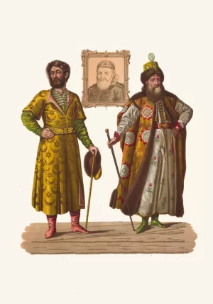 Odezhda boiar v XVI i XVII stoletii. Polevoe plat'e Godunova. Portret Afanasiia Vlas'eva. Portret stol'nika Petra Potemkina by Fedor Grigoryevich Solntsev Oil Painting