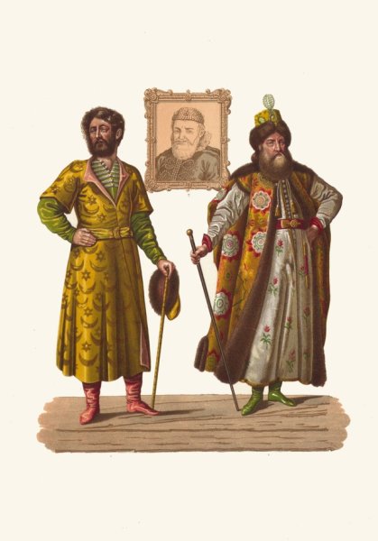 Odezhda boiar v XVI i XVII stoletii. Polevoe plat'e Godunova. Portret Afanasiia Vlas'eva. Portret stol'nika Petra Potemkina  by Fedor Grigoryevich Solntsev - Hand-Painted Oil Painting Reproduction
