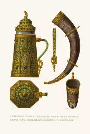 Serebrianaia kruzhka, ukrashennaia finift'iu i kamen'iami, i turii rog, opravlennyi zolotom i kamen'iami by Fedor Grigoryevich Solntsev Oil Painting