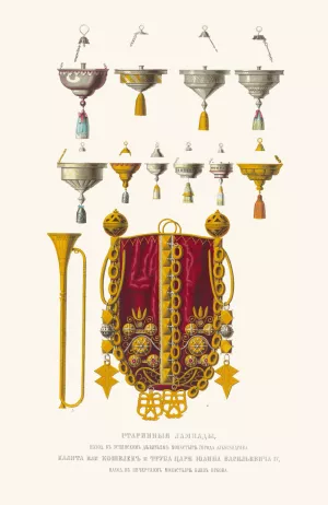 Starinnyia lampady, nakhod. v Uspenskom devich'em monastyre goroda Aleksandrova; Kalita ili koshelek i truba tsaria Ioanna Vasil'evicha IV, nakhod by Fedor Grigoryevich Solntsev Oil Painting