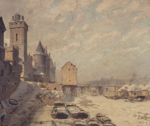 La tour de l'Horloge, la Conciergerie et le pont au Change, en 1621 by Fedor Hoffbauer Oil Painting
