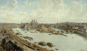 Vue panoramique de Paris en 1588, depuis les toits du Louvre, avec le Pont-Neuf en construction by Fedor Hoffbauer Oil Painting