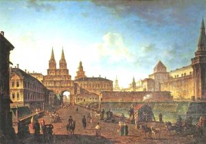 View of the Voskresenskie and Nikolskie Gate and Neglinniy Brige from Tverskaia Street in Moscow