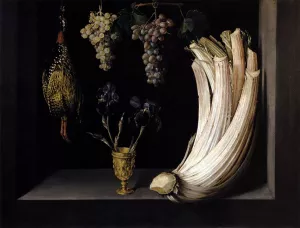 Still Life with Cardoon, Francolin, Grapes and Irises Oil painting by Felipe Ramirez