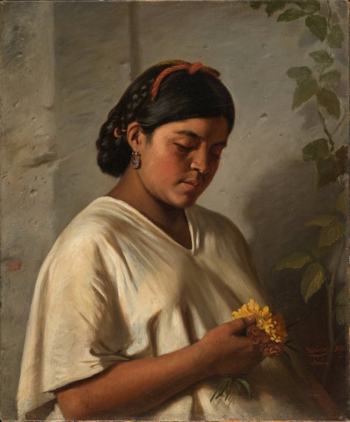 Indian Woman with Marigold  by Felipe Santiago Gutierrez - Hand-Painted Oil Painting Reproduction