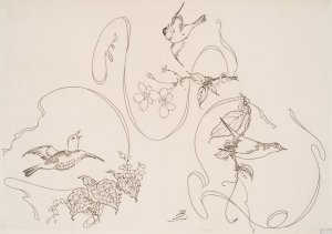 Assiette a dessert ; trois motifs composes chacun d'un ruban, d'une fleur et d'un oiseau Oil painting by Felix Bracquemond
