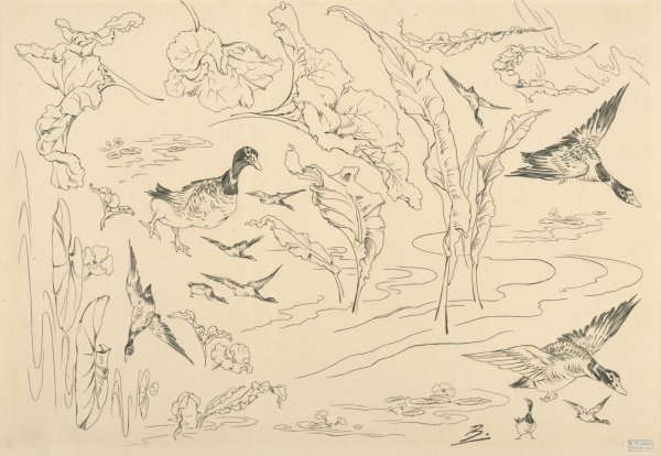 Decor de service de toilette; canards et grandes feuilles by Felix Bracquemond - Hand-Painted Oil Painting Reproduction