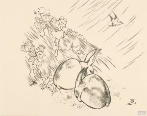 Deux lapins, la pluie, un oiseau qui vole Oil painting by Felix Bracquemond