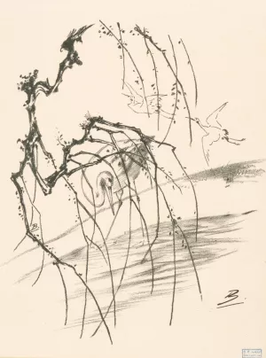 Grues derriere une branche d'arbre by Felix Bracquemond Oil Painting